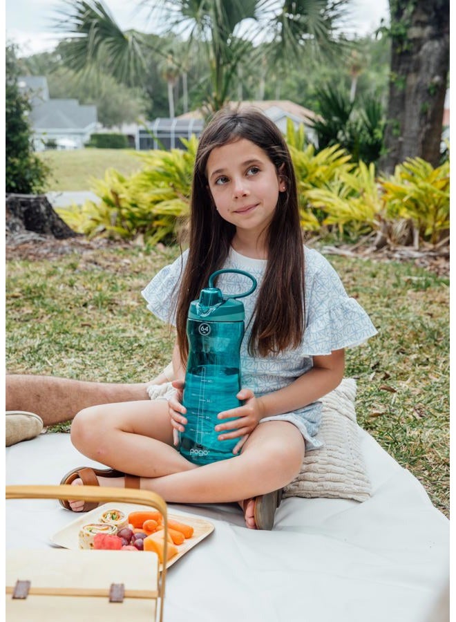 Pogo 64oz Plastic Water Bottle with Leak-Proof Chug Lid and Carry Handle, Reusable, BPA Free, Capacity Markings, Dishwasher Safe, Perfect for Travel, School, Outdoors, and Gym, Teal - Image 2