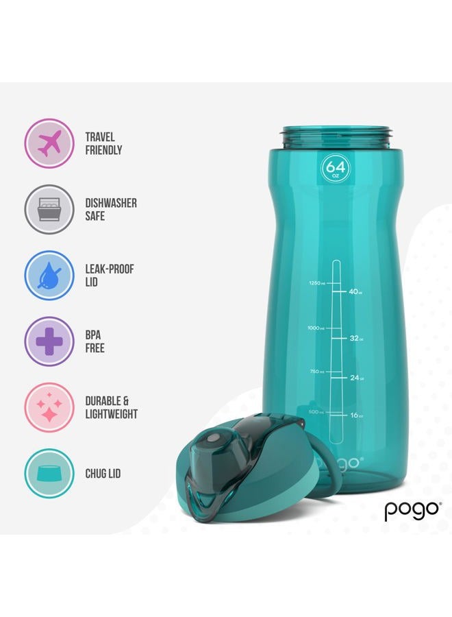 Pogo 64oz Plastic Water Bottle with Leak-Proof Chug Lid and Carry Handle, Reusable, BPA Free, Capacity Markings, Dishwasher Safe, Perfect for Travel, School, Outdoors, and Gym, Teal - Image 3