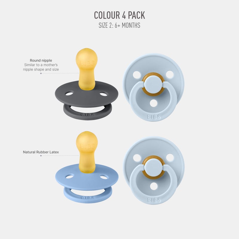 BIBS Pacifiers - Colour 4 Pack | Round Nipple Baby Pacifier | BPA Free Natural Rubber Latex Soother | Made in Denmark | Size 6-18 Months | Blue Colors - Image 2