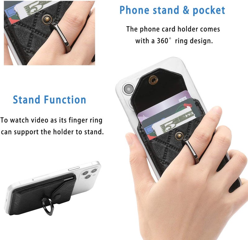 YUNCE Cell Phone Card Holder RFID Ring Stand Stick on Wallet Card Holder of Phone All Smartphones Adhesive Credit Card Holder for Cell Phone-Black - Image 3