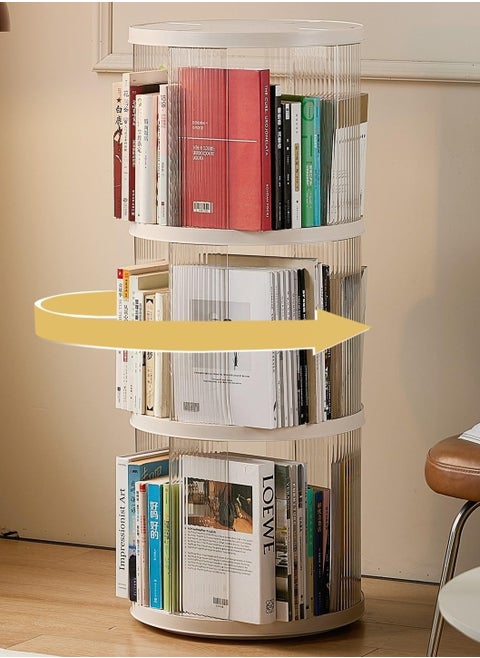 3-Tier Simple Floor-standing Plastic Rotating Storage Cabinet Bookshelf Student Books Children's Picture Books Storage Shelf Bookcase, 360-degree Rotation, For Living Room Bedroom Reading Room Office