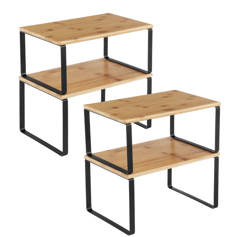 SONGMICS SONGMICS Cabinet Organizer Shelf Set of 4 Kitchen Counter Shelves Kitchen Storage Spice Rack Stackable Expandable Metal and Engineered Wood Ink Black and Natural Beige UKCS10NB 