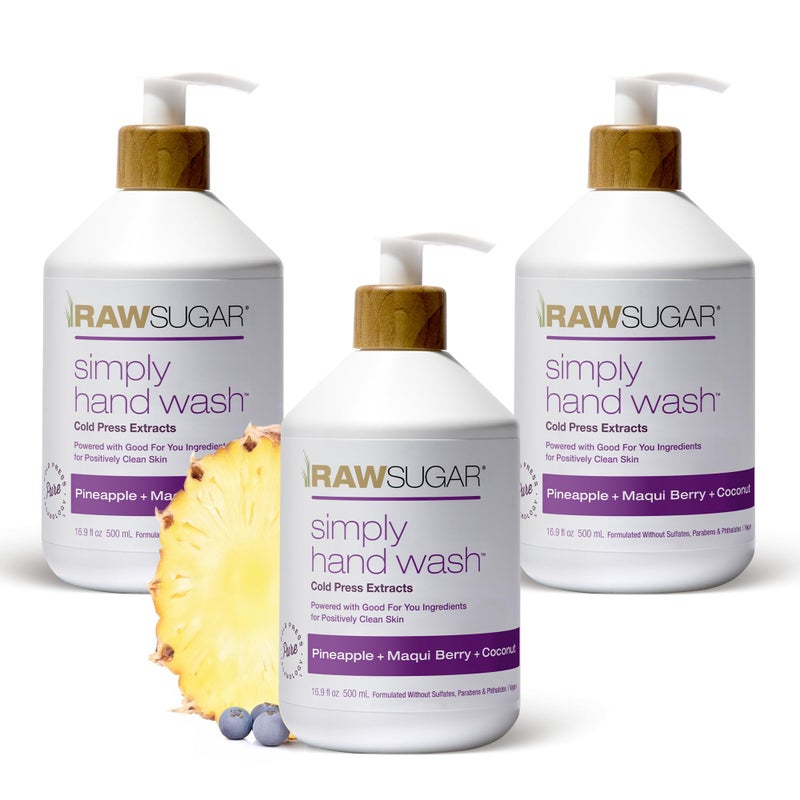 RAW SUGAR 3-Pack Liquid Hand Soap, Moisturizing with Fruity Aroma, Formulated without Parabens, Cruelty Free & Vegan - 16.9 Fl. Oz (Pineapple + Maqui Berry + Coconut) - Image 1