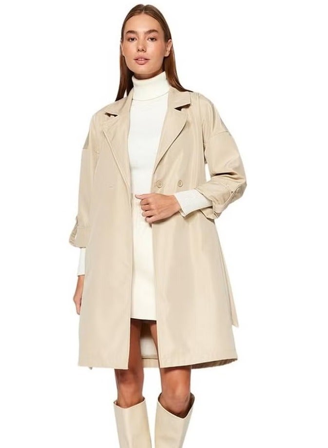 trendyol Beige Oversize Belted Water Repellent Long Trench Coat TWOAW24TR00019