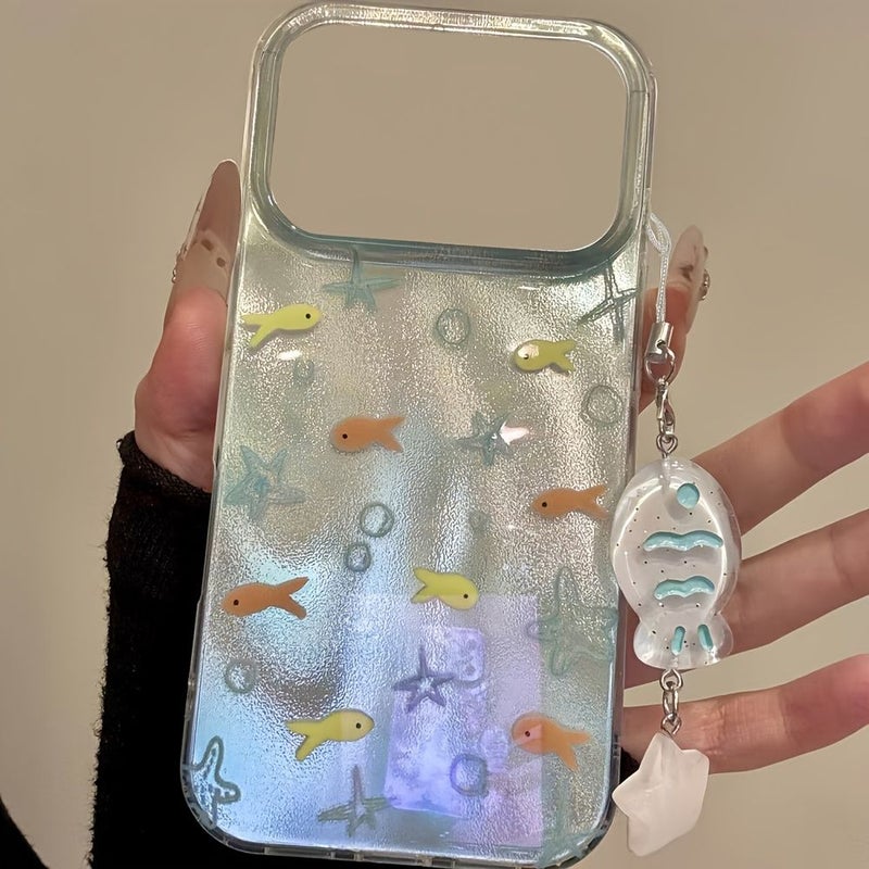 Gradient Blue Phone Case For iPhone 15 Pro With Trendy Ocean Fish Design And Pendant - Image 3
