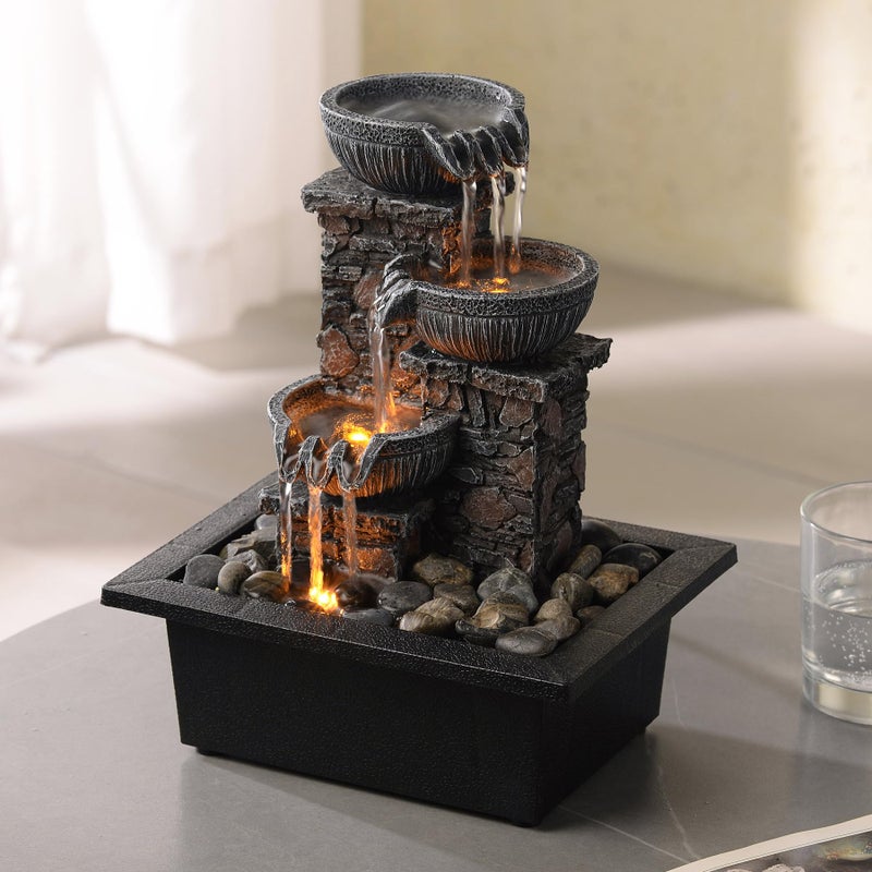 Kalona Tabletop Fountain 3 Bowls with LED Light Soothing Water Flowing Sound Fountain Zen/Meditation Home/Office Decor Home DÃ©cor Relaxation Indoor (23113) - Image 4