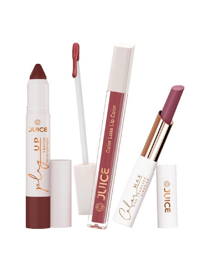 Juice Long Lasting, 3pc Lipstick Combo Set For Women(Hold My Latte-MCR04 Lip Crayon, Dark Purple-M16 Liquid Lipstick, Barely Pink-M16 Slim Stick) - Image 1