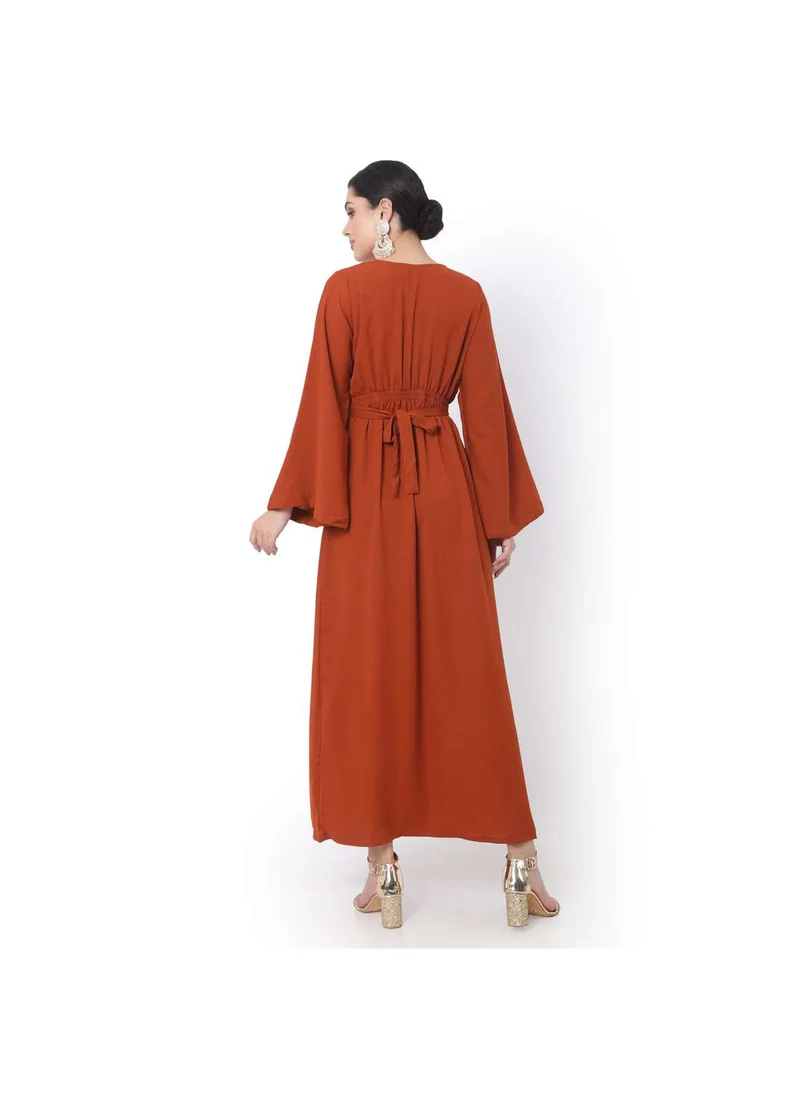 HANA & SARA MODEST SOLID FIRE RED ORANGE LONG KAFTAN WITH SCARF ARABIC KAFTAN JALABIYA DRESS