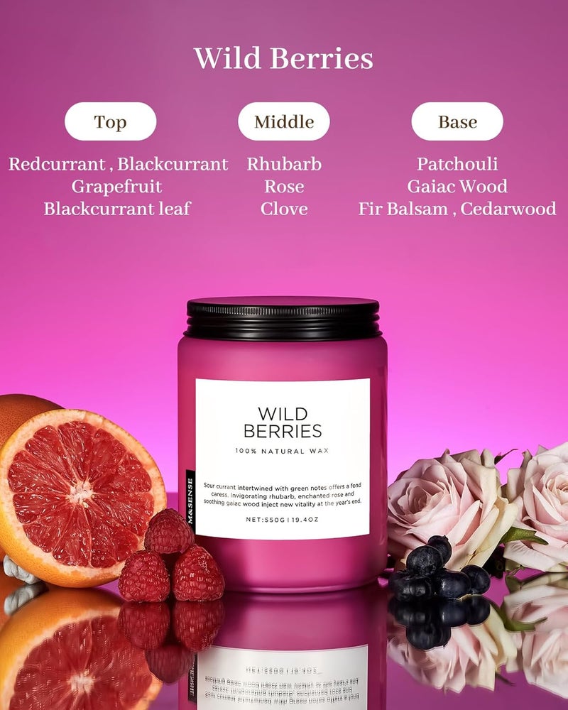 إم آند سينس شمعة M&SENSE معطرة برائحة التوت البري 550 جرام شمع صويا طبيعي غير سام وقت احتراق 110 ساعة بفتيلين قطنيين شمعة معطرة برائحة عيد الميلاد للمنزل هدية شمعة زجاجية مثالية وايلدبيريز - Image 2