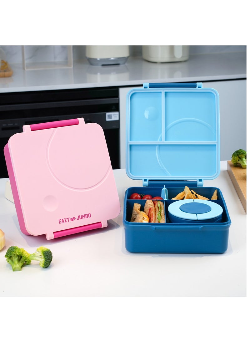 Eazy Kids - 3/4 Convertible Jumbo Bento Lunch Box 1600 Ml With Leakproof Ss Gravy Bowl 290 Ml, Spoon And Fork Set, Pouch - Pink - Image 1