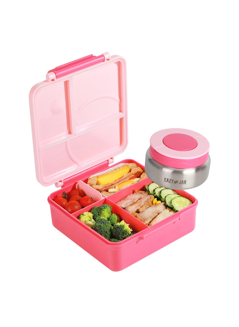 Eazy Kids - 3/4 Convertible Jumbo Bento Lunch Box 1600 Ml With Leakproof Ss Gravy Bowl 290 Ml, Spoon And Fork Set, Pouch - Pink - Image 1