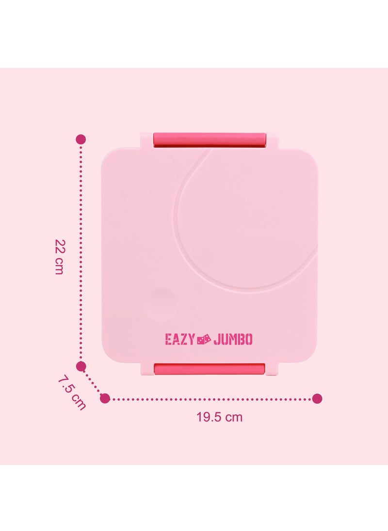 Eazy Kids - 3/4 Convertible Jumbo Bento Lunch Box 1600 Ml With Leakproof Ss Gravy Bowl 290 Ml, Spoon And Fork Set, Pouch - Pink - Image 1