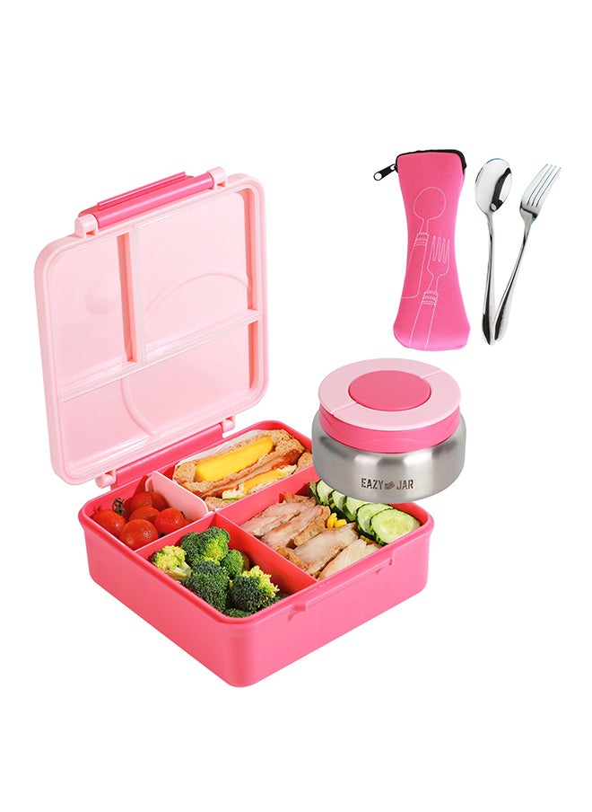 Eazy Kids - 3/4 Convertible Jumbo Bento Lunch Box 1600 Ml With Leakproof Ss Gravy Bowl 290 Ml, Spoon And Fork Set, Pouch - Pink - Image 1