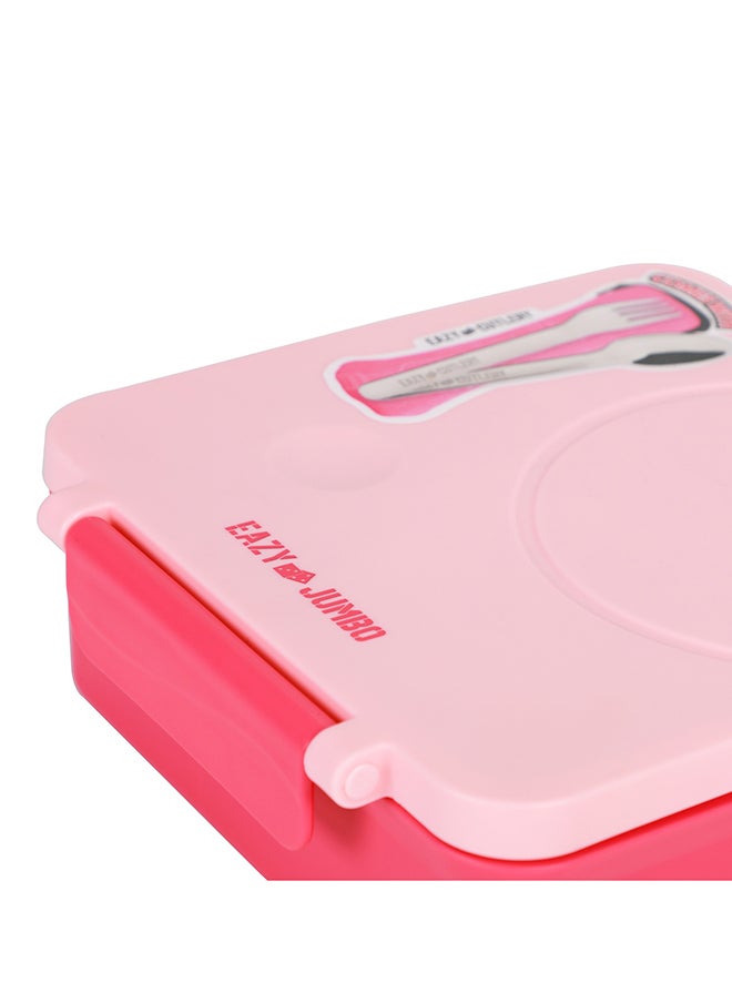 Eazy Kids - 3/4 Convertible Jumbo Bento Lunch Box 1600 Ml With Leakproof Ss Gravy Bowl 290 Ml, Spoon And Fork Set, Pouch - Pink - Image 1
