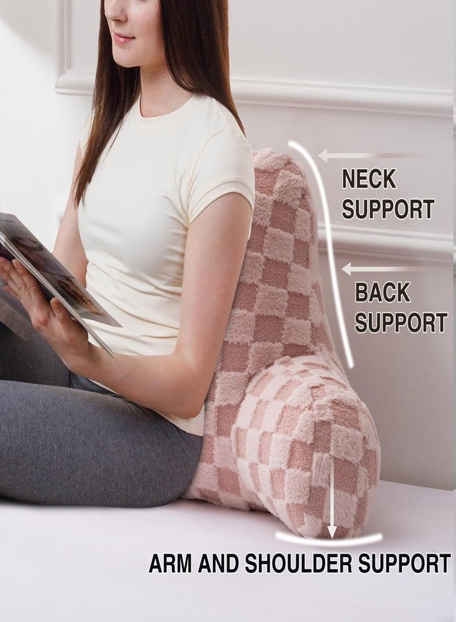 A Nice Night Faux Fur Reading Pillow,Checkered Fluffy Grid Plaid,Bed Wedge Pillow Large Adult Children Backrest with Arms for Bedrest,Pink - Image 3