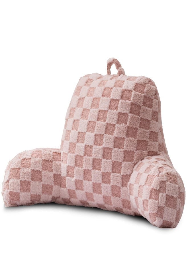 A Nice Night Faux Fur Reading Pillow,Checkered Fluffy Grid Plaid,Bed Wedge Pillow Large Adult Children Backrest with Arms for Bedrest,Pink - Image 1
