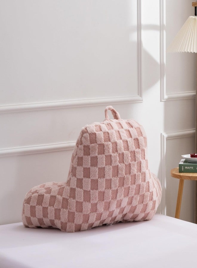 A Nice Night Faux Fur Reading Pillow,Checkered Fluffy Grid Plaid,Bed Wedge Pillow Large Adult Children Backrest with Arms for Bedrest,Pink - Image 4