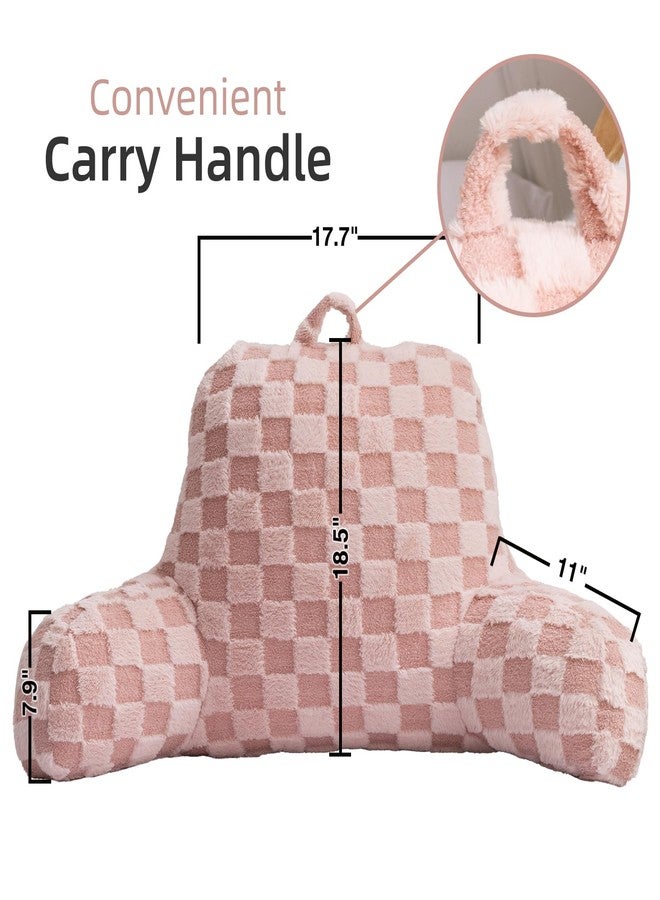 A Nice Night Faux Fur Reading Pillow,Checkered Fluffy Grid Plaid,Bed Wedge Pillow Large Adult Children Backrest with Arms for Bedrest,Pink - Image 2