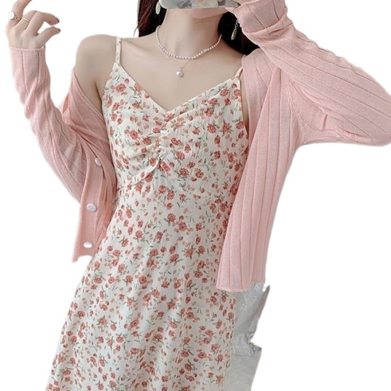 Gentle Style Lady Summer Floral Sling dress Romantic Sweet Slimming Fresh French Style Sling dress White Cardigan