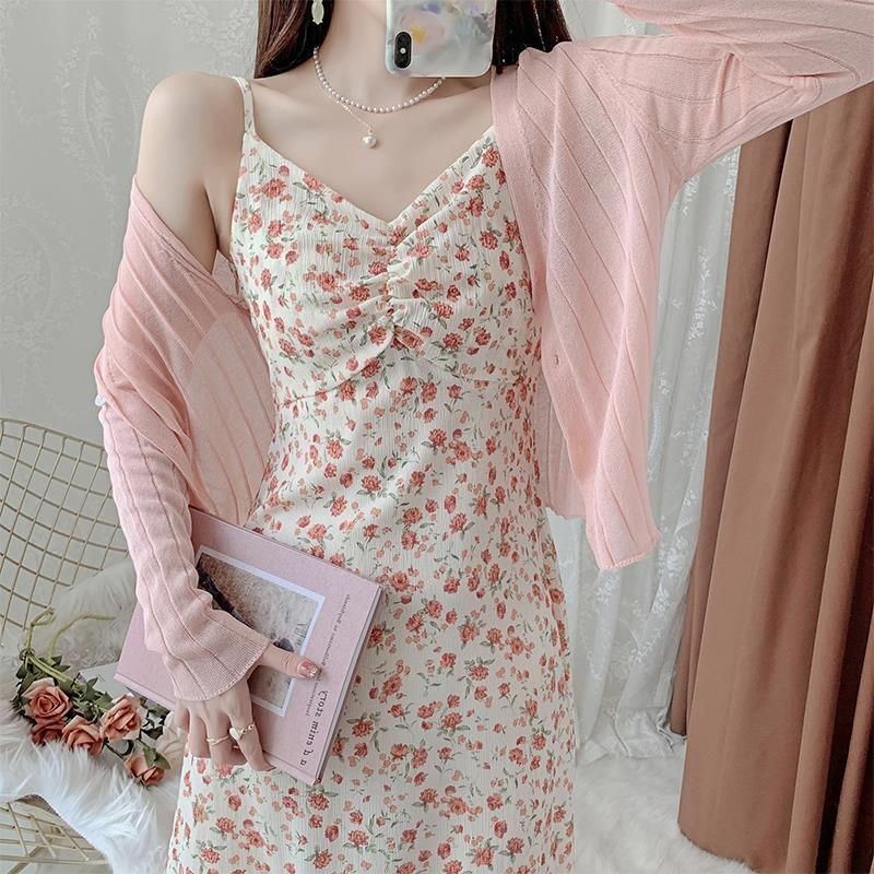 Gentle Style Lady Summer Floral Sling dress Romantic Sweet Slimming Fresh French Style Sling dress White Cardigan