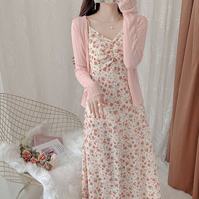 Gentle Style Lady Summer Floral Sling dress Romantic Sweet Slimming Fresh French Style Sling dress White Cardigan