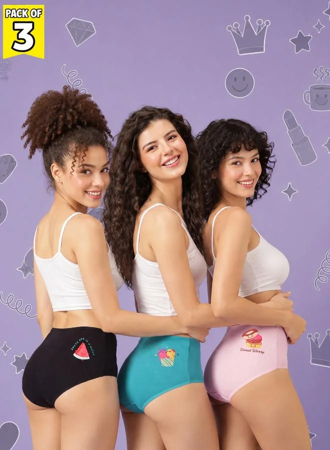 Clovia Pack of 3 - High Waist Hipsters - Cotton