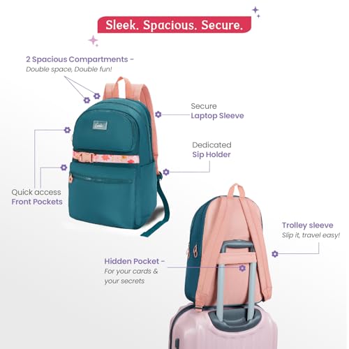 Genie Maple Casual Backpack for Girls |17 In-20 Ltr with Laptop Sleeve, Two Compartments and Trolley Sleeve with Padded Shoulders |Best for Books,Stationery,Lunch Box & Essentials - Dark Green - Image 3