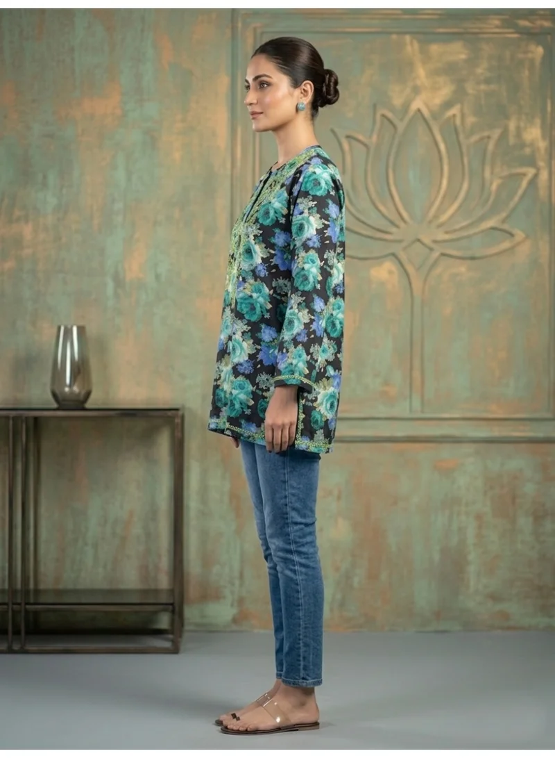 Alaya Blackgreen Hand Embroidered Chikankari Chiffon Kurti-ALFCRK115 for Women | Best Price UAE
