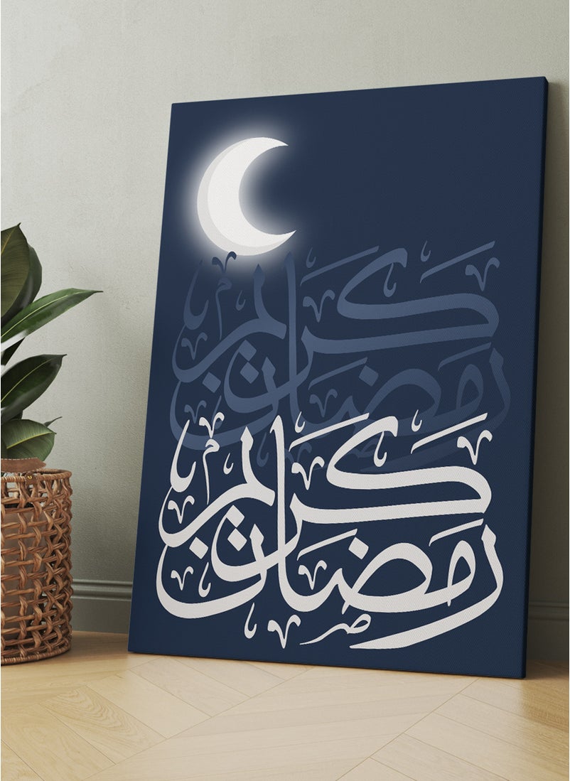 LOWHA Canvas Wall Art Stretched Over Wooden Frame with Ramadan Kareem and Glowing Crescent Painting  - Image 1