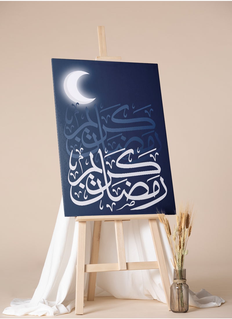 LOWHA Canvas Wall Art Stretched Over Wooden Frame with Ramadan Kareem and Glowing Crescent Painting  - Image 2