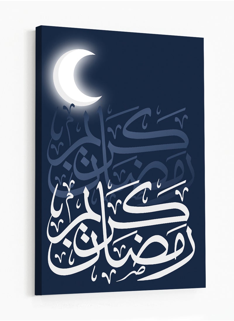 LOWHA - Canvas Wall Art Stretched Over Wooden Frame with Ramadan Kareem and Glowing Crescent Painting - Image 1