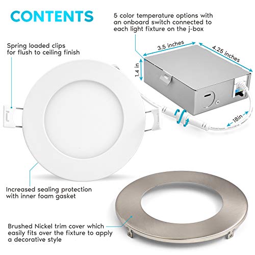 LUXRITE 4 Inch Ultra Thin LED Recessed Light with J-Box, 10W, 5 Color Options 2700K | 3000K | 3500K | 4000K | 5000K, Dimmable Wafer Lights, 750 Lumens, Brushed Nickel, Energy Star, IC Rated (4 Pack) - Image 3
