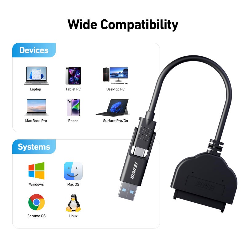 BENFEI SATA to USB Cable, 2in1 USB-C/USB 3.0 to SATA III Hard Driver Adapter Compatible for 2.5 inch HDD and SSD - Image 5