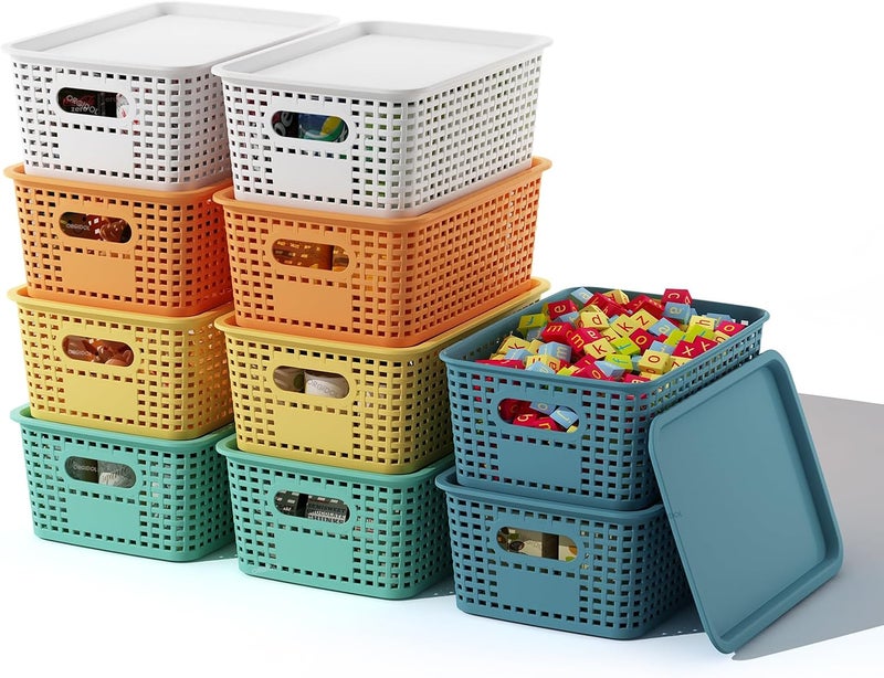 ORGIDOL Plastic Storage Basket with Lids 10 Pack Stackable Colorful Storage Bins Containers with Lid, Decorative Storage Boxes for Organizing Shelves, Drawers, Playroom, Classroom, Office, Closet - Image 1