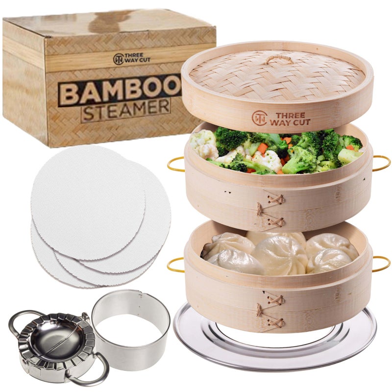 2 Tier Bamboo Steamer 10 Baskets With Handle Silicone Liner Adapter Molder Press For Cooking Vegetables Dumpling Press  Dough Cutter for Steaming Chinese Asian Food  Bao Bun Dim Sum Potsticker