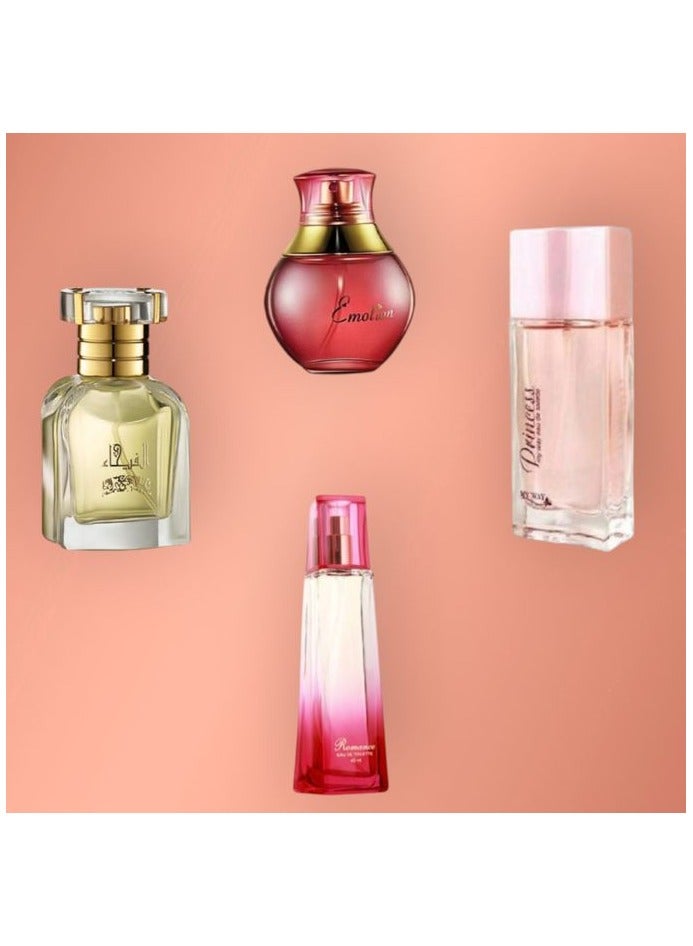 My Way Emotion Perfume 40ml+ Fayhaa Perfume 50ml+ Romance Perfume 45ml+ princess Perfume 50ml For Women