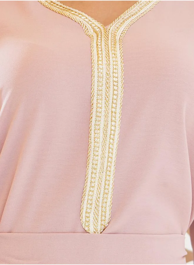Styli Plain Tie-Back Jalabiya with Lace Trim