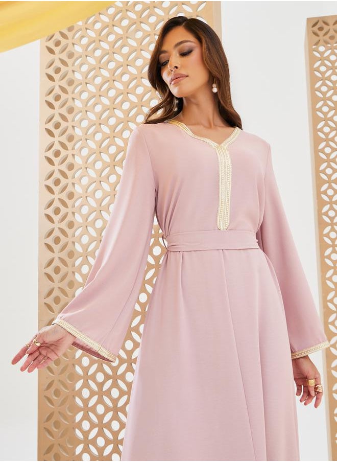 Styli - Plain Tie-Back Jalabiya with Lace Trim - Image 1