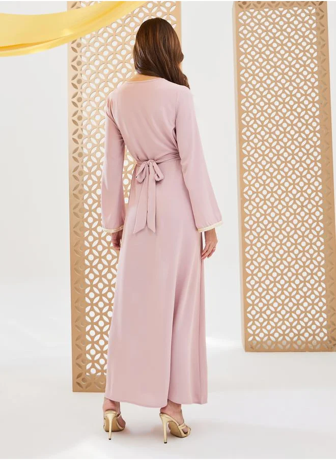 Styli Plain Tie-Back Jalabiya with Lace Trim
