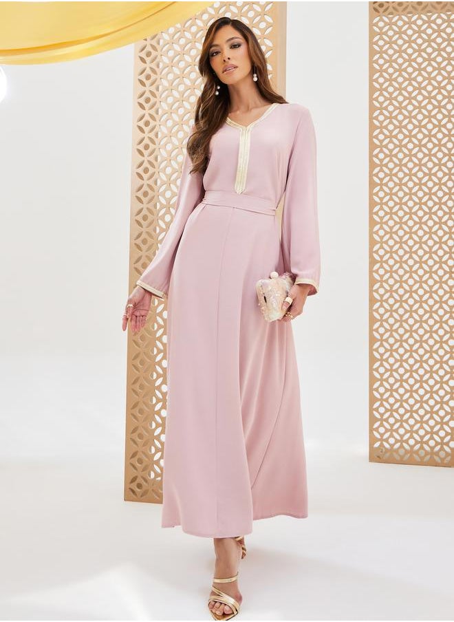 Styli - Plain Tie-Back Jalabiya with Lace Trim - Image 1