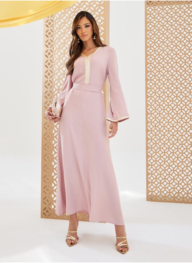 Styli - Plain Tie-Back Jalabiya with Lace Trim - Image 1