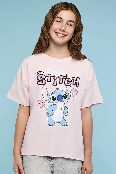 أر أند بي Stitch Print T-Shirt with Crew Neck and Short Sleeves