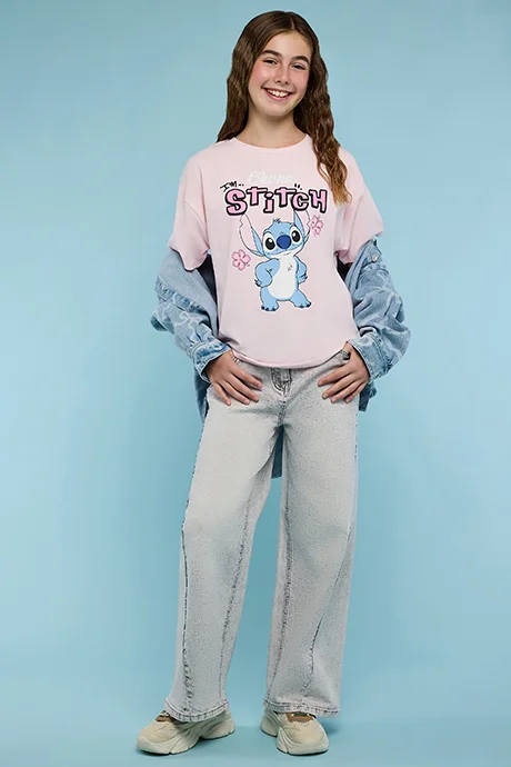 أر أند بي Stitch Print T-Shirt with Crew Neck and Short Sleeves