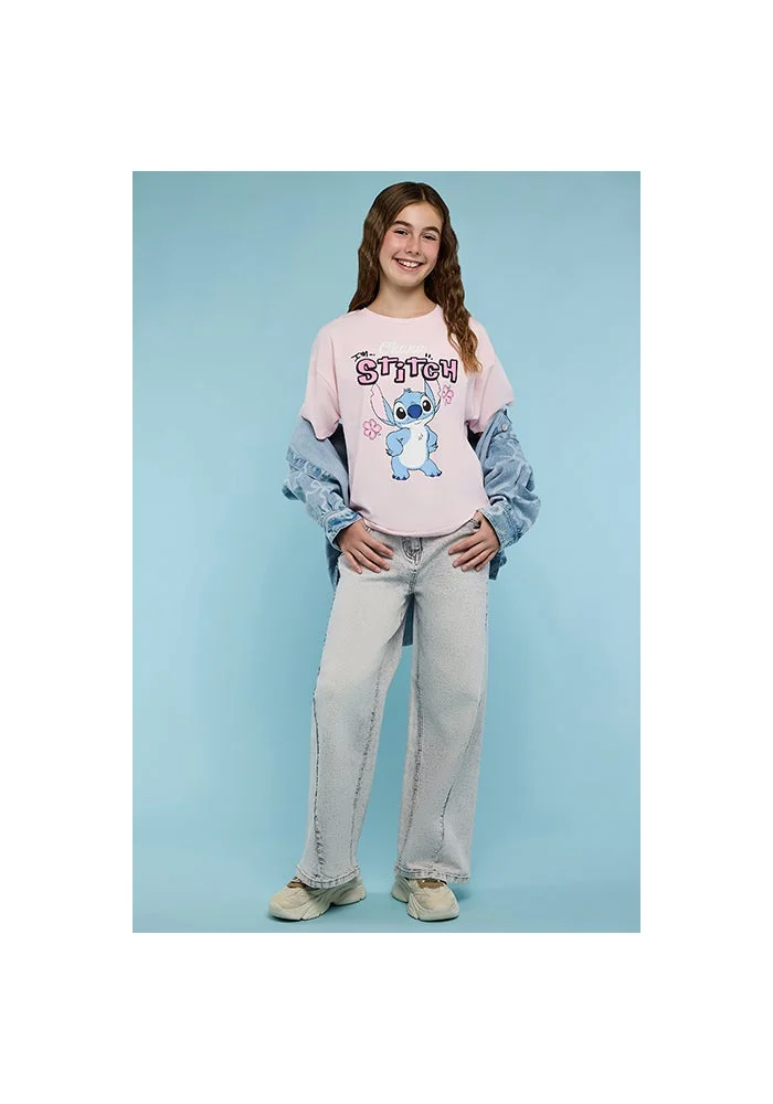 R&b Stitch Print T-Shirt with Crew Neck and Short Sleeves