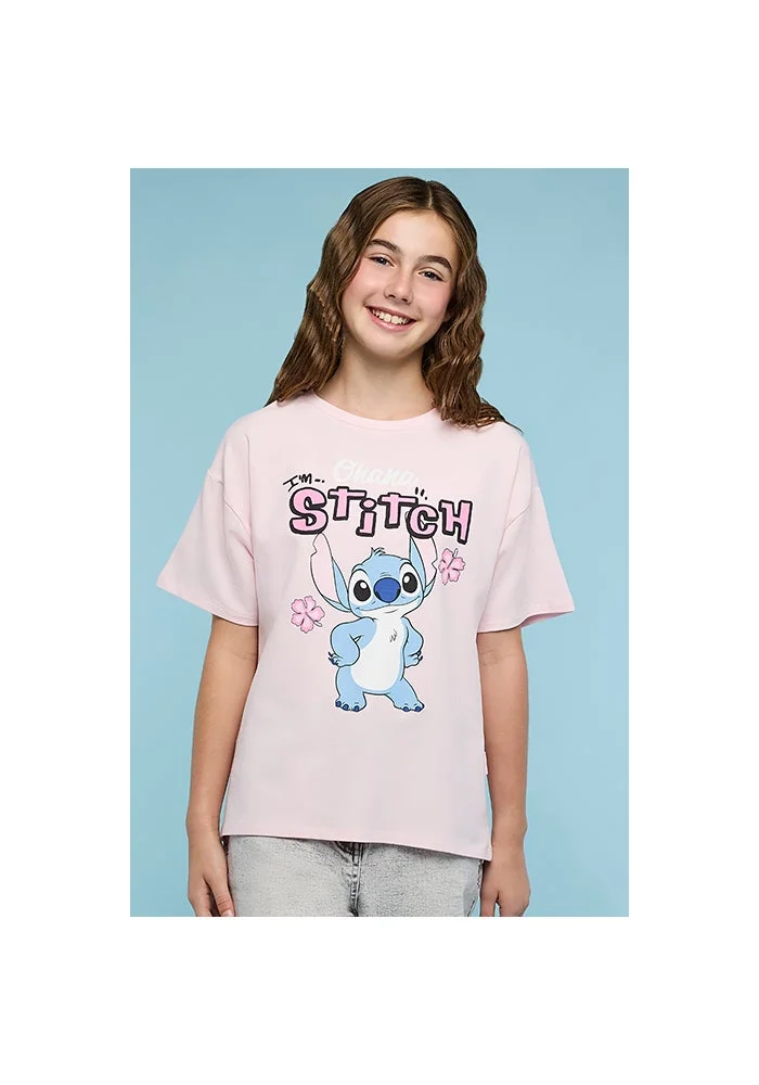 R&b Stitch Print T-Shirt with Crew Neck and Short Sleeves