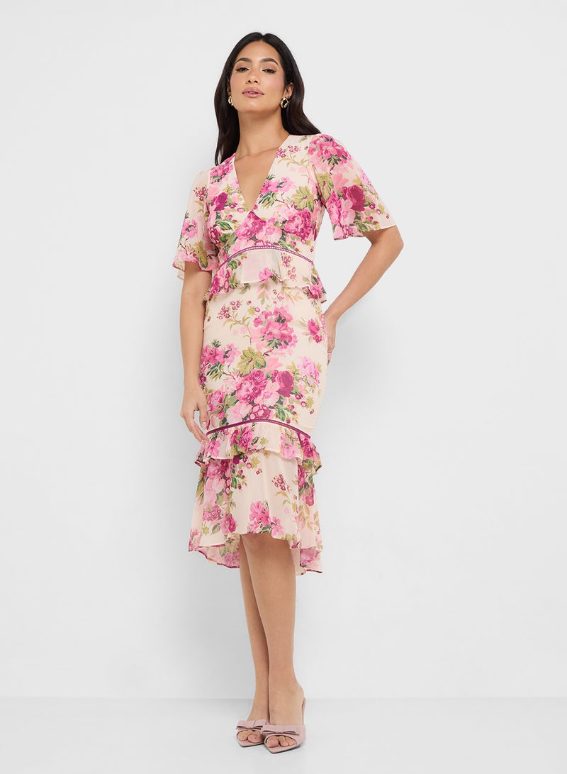 هوب اند ايفي فستان ميدي بكشكشة وزهور - Image 1