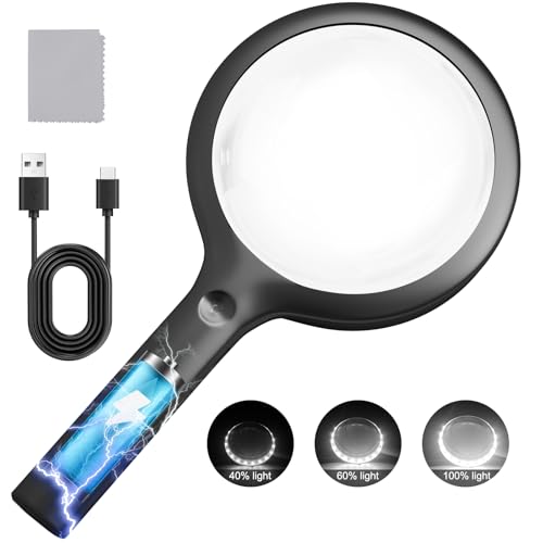 NUEYiO 30X Charge Magnifier with Light, NUEYiO 4.33Inch Large Handheld Magnifying Glass with Light, 20 Daylight LEDs & Third Gear Dimming Lighted Magnifying Glass for Seniors Reading Inspection Coin Jewelry - Image 1