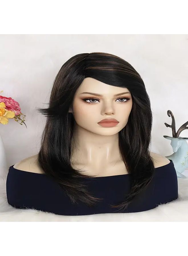شعر مستعار صناعي مستقيم أنيق مع غرة، بلون أسود بني مخلوط، طول 20 بوصة - Image 2