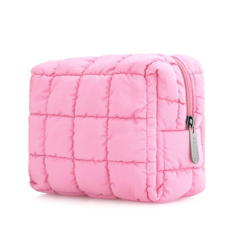E-Tree Cute Makeup Bag,Quilted Cosmetic Bag for Women,Make up Pouch for Purse,Toiletry Zipper Pouch,Checkered Bag,Travel Case,Storage Pouches for Organization (Pink) - Image 1