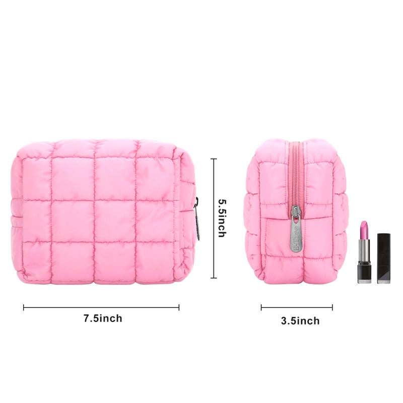 E-Tree Cute Makeup Bag,Quilted Cosmetic Bag for Women,Make up Pouch for Purse,Toiletry Zipper Pouch,Checkered Bag,Travel Case,Storage Pouches for Organization (Pink) - Image 3
